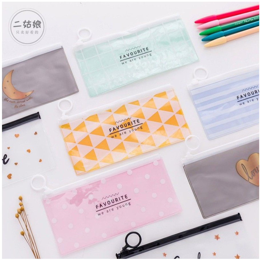 【GOGOMART】Kotak Pensil Tempat Pulpen Zipper Transparan / Dompet Uang Tempat Kosmetik Pouch Make Up Plastik Waterproof