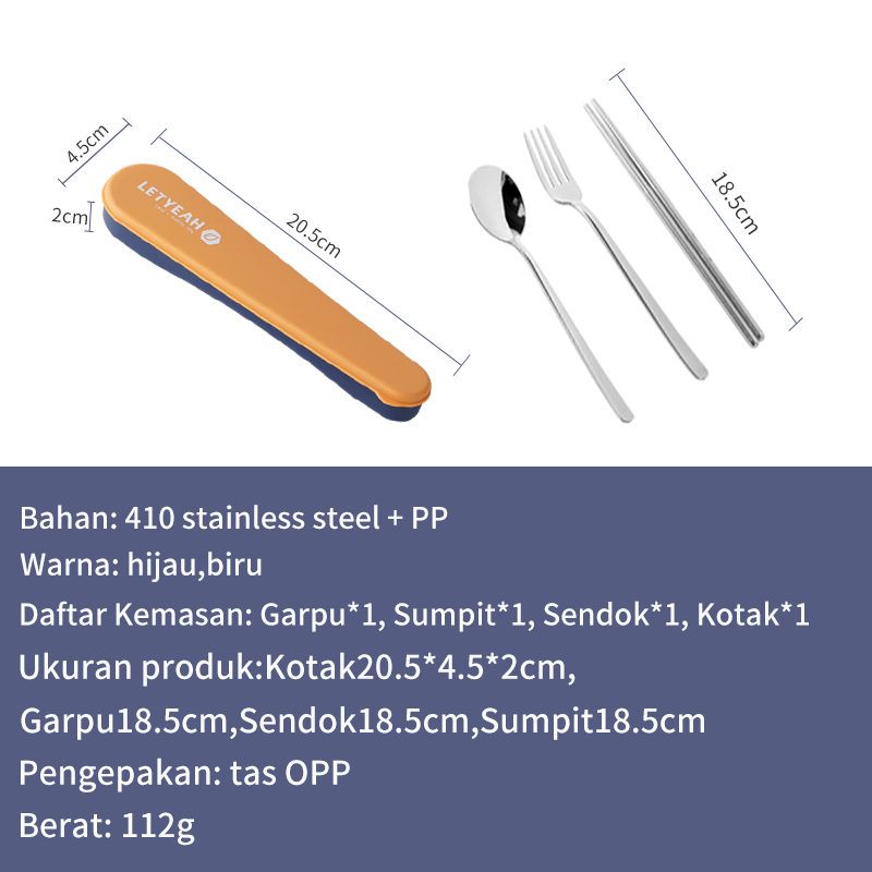 Letyeah &amp; Kaizenliving 3pcs Alat Makan dengan kotak sendok garpu sumpit / spoon fork chopsticks hijau/biru