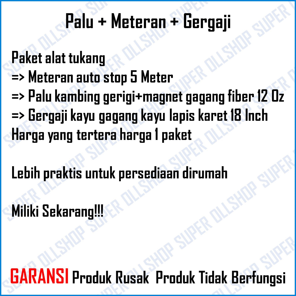 gergaji Paket Alat Tukang Palu Kambing Gerigi Magnet Fiber 12 Oz Gergaji Kayu Termurah Meteran Auto Stop 5 Meter