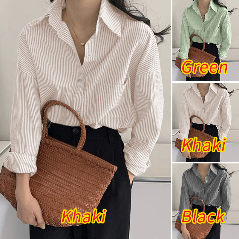 ZANZEA Women Loose Simple Striped Printed OL Lapel Neck Long Sleeve Blouses