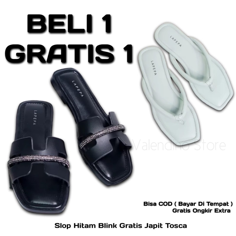 Sandal Flat Wanita Beli 1 Gratis 1 Teplek Cewek Buy 1 Get 1 Warna Hitam Mocca Tosca Pink Size 37 38 39 40