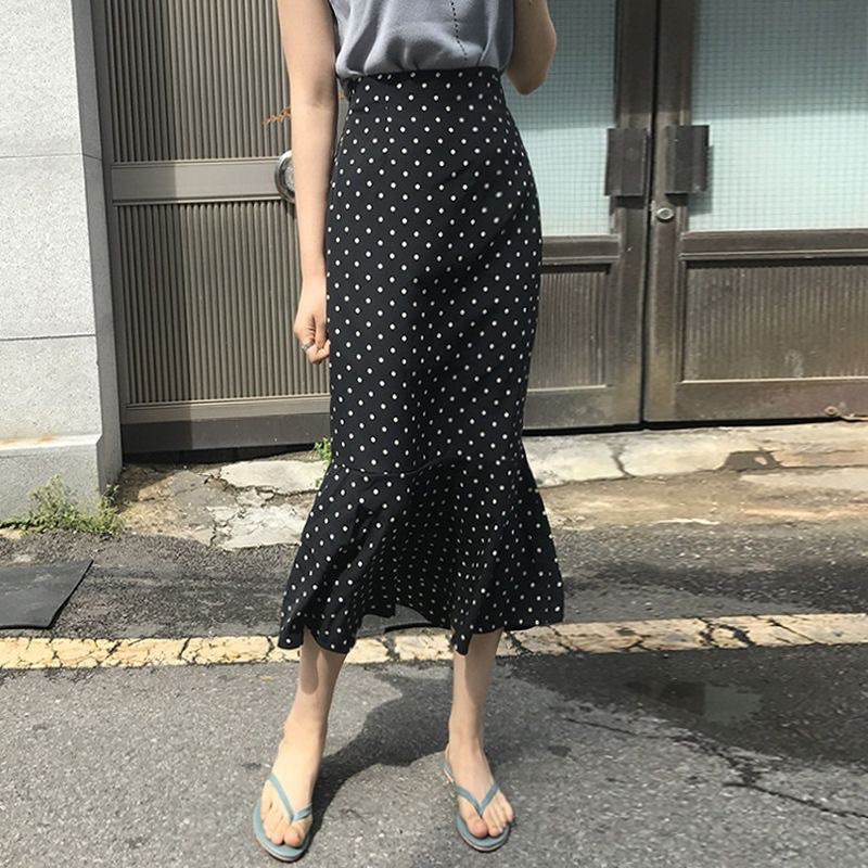 rok duyung polkadot hitam panjang midi hijab lucu cewek mermaid