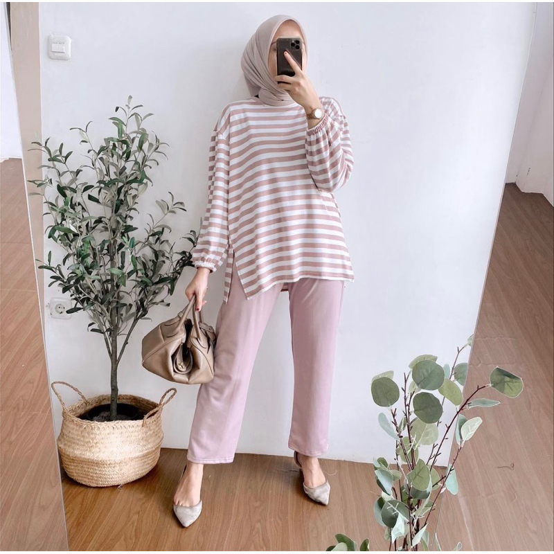 setelan wanita kaos import salur oversize setcel wanita jumbo salur