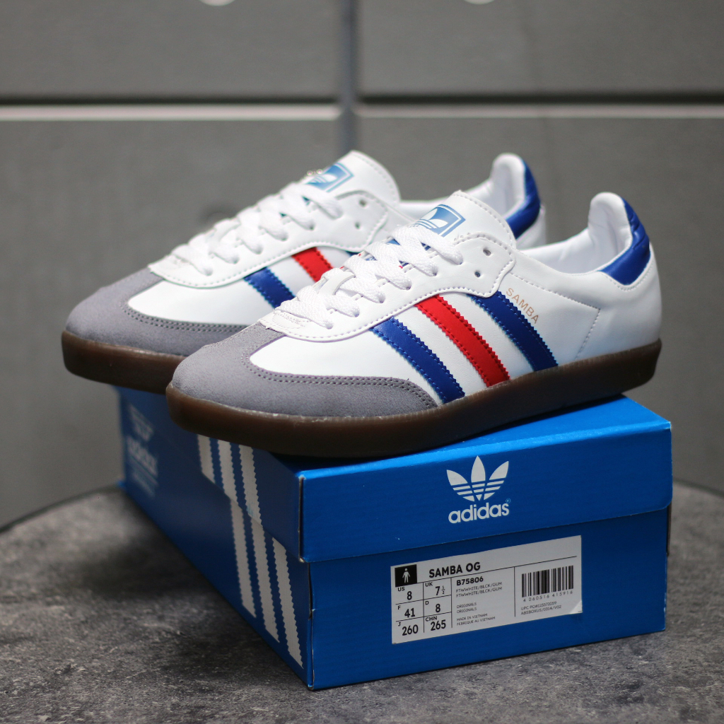 SEPATU CASUAL ADIDAS SAMBA WHITE LIS BLUE RED SNEAKERS