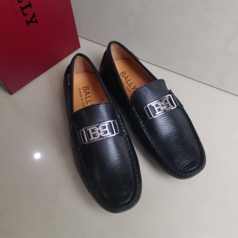 sepatu pria loafer cowok slip on bal ly hitam kulit mewah