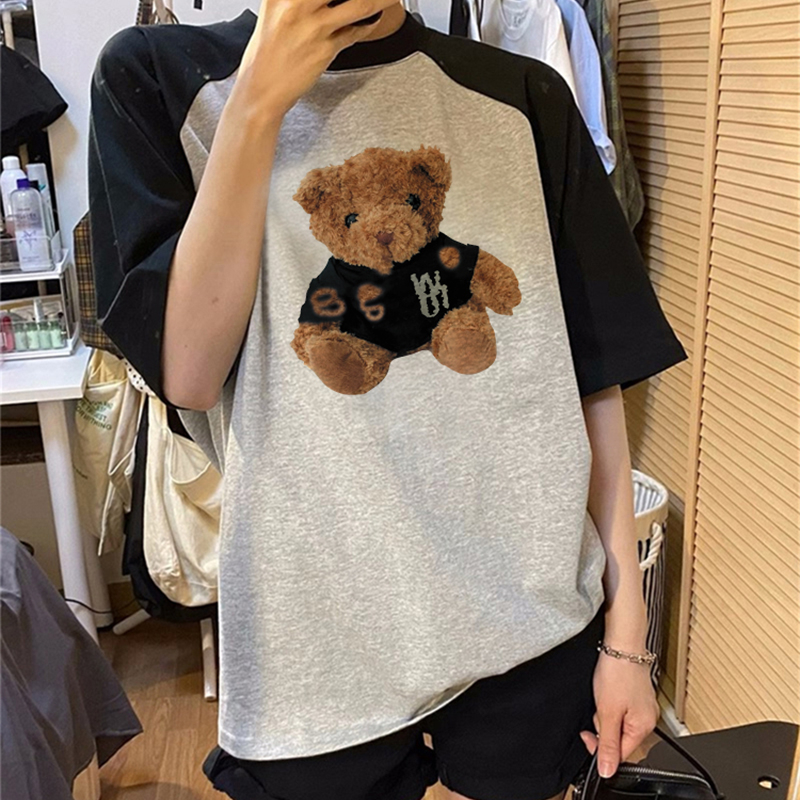 Print T-shirt Kaos Lengan Pendek Vintage Plush Bear Printing Oversize Atasan Wanita Korean Style