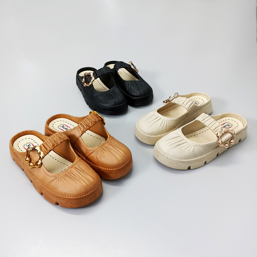 Sepatu Sandal Slop Wanita Tali Kerut Gesper Bunga Fashion Style Korea Kasual Satu7an SPT-63