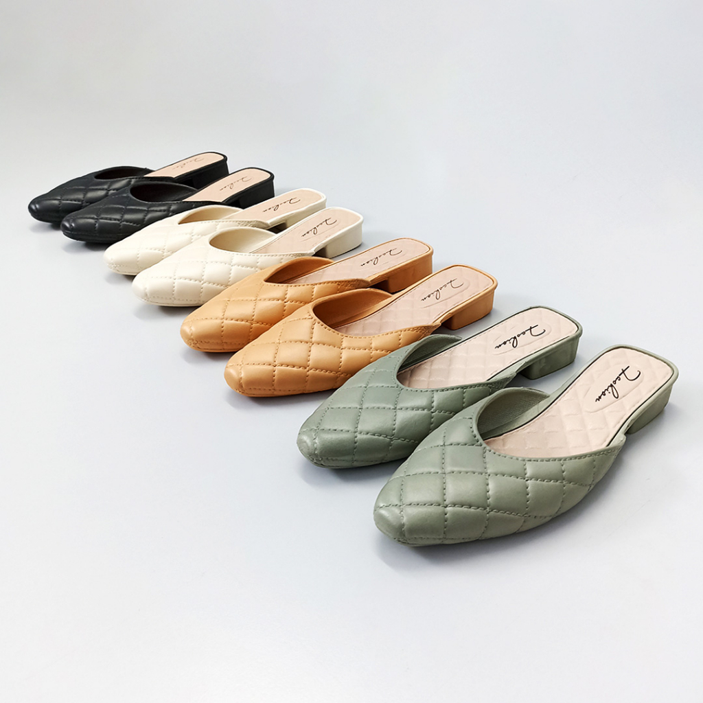 Sepatu Sandal Slop Wanita Motif Garis Kotak Style Korea Kasual Flat Shoes Women Satu7an SPT-65