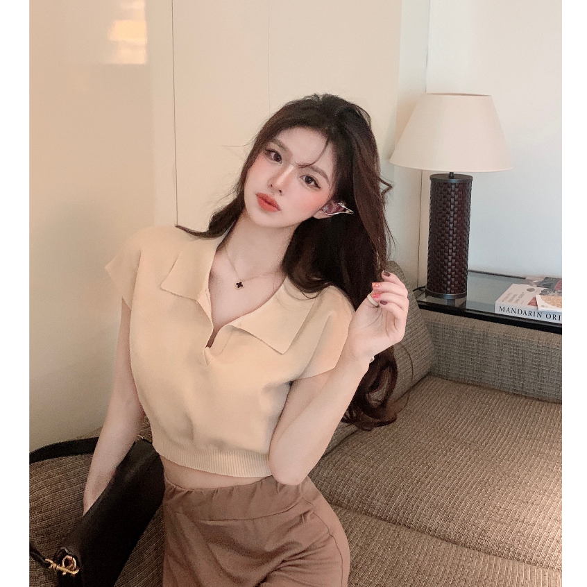 Kaos Rajut Lengan Pendek Wanita Polos Crop Top Korean Style Knit Baju Atasan Wanita Terbaru