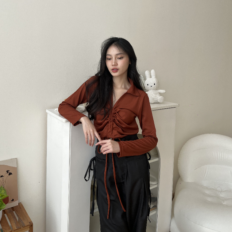 Nadine Long Sleeve Knit Top - Atasan Casual - Blouse Serut - Top Wanita - Korean Style