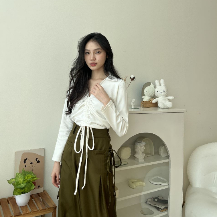 Nadine Long Sleeve Knit Top - Atasan Casual - Blouse Serut - Top Wanita - Korean Style