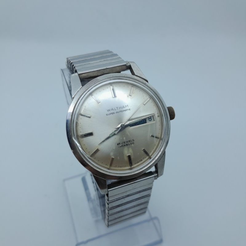 Jam tangan pria Vintage Waltham super automatic 25 jewels Day & date