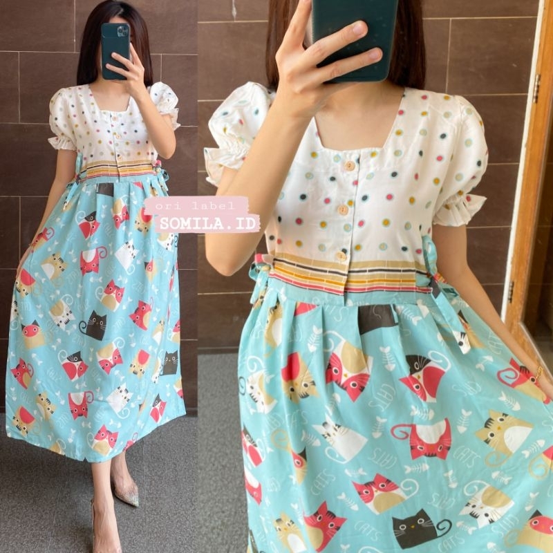TERSEDIA JUMBO GROSIR DASTER SOMILA.ID TERBARU BUSUI CHIBI SERUT LENGAN PUFF PENDEK BATIK KITTY