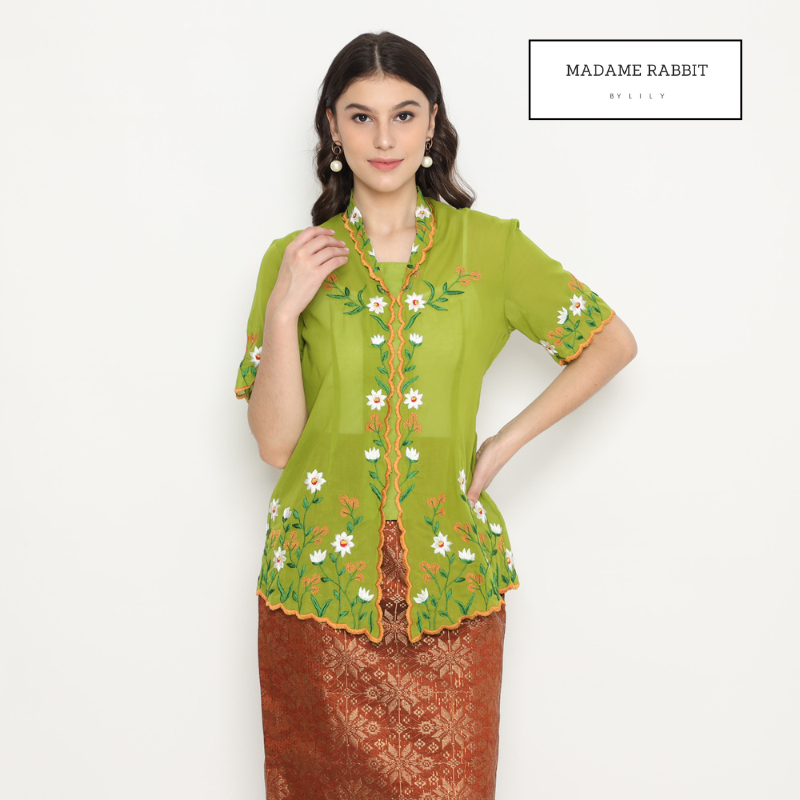Kebaya Katun Lengan Pendek Madame Rabbit Hijau Olive Bordir Snow Star