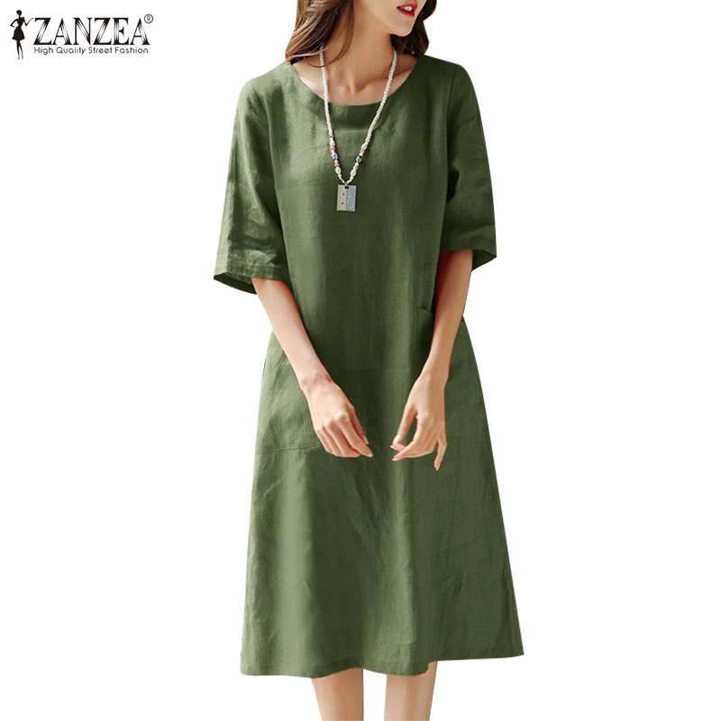 ZANZEA Women Daily Casual Retro Half Sleeves Solid O-Neck With Pockets Mid Length Dress