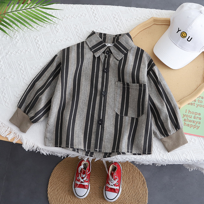 atasan kemeja anak lakilaki usia 6 bulan - 5 tahun motif garis abu hitam keren / baju anak import