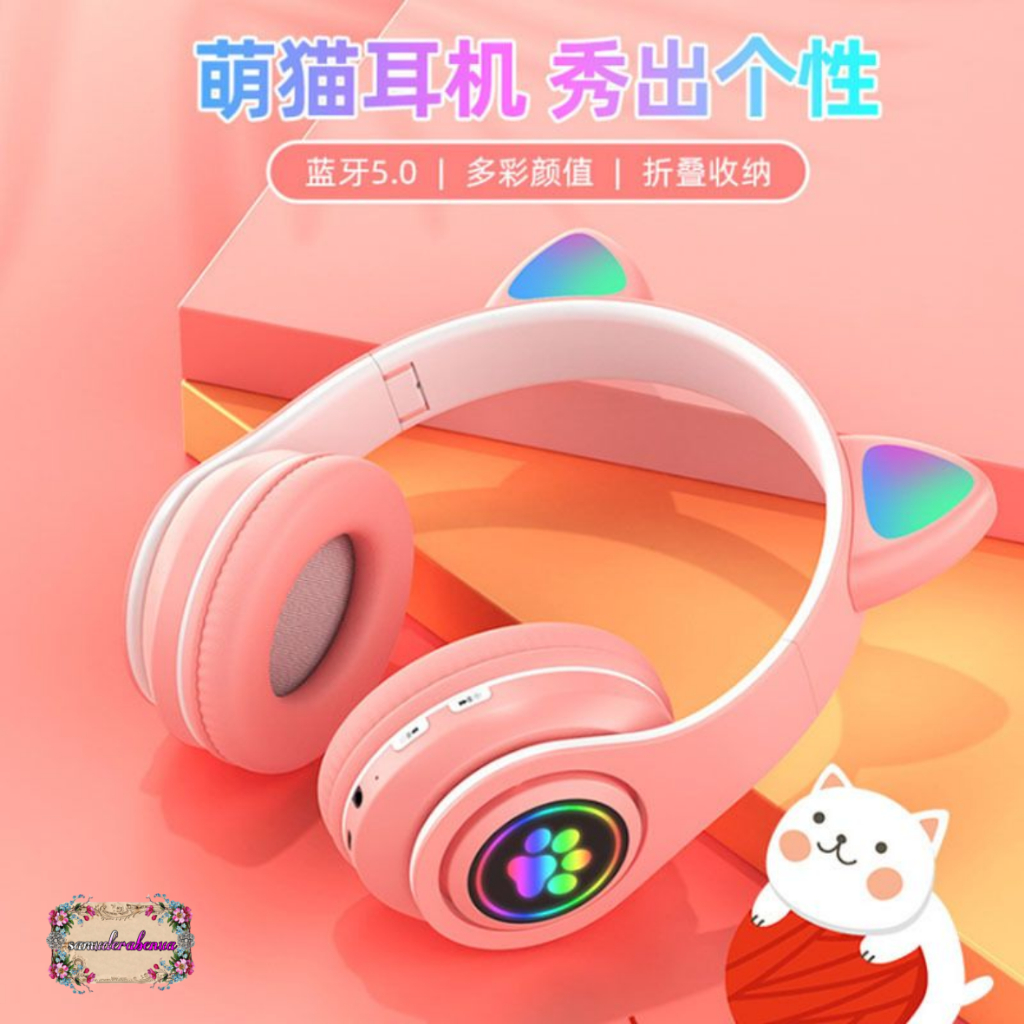 Hf bando headphone B39 STN28 Kucing Karakter LED Color Headset Gaming Bluetooth Wireless Game Headset Cat Ear LED Bando anak Perempuan Cewek Wanita Headset Led RGB Headset Komputer Headphone Laptop SB5719