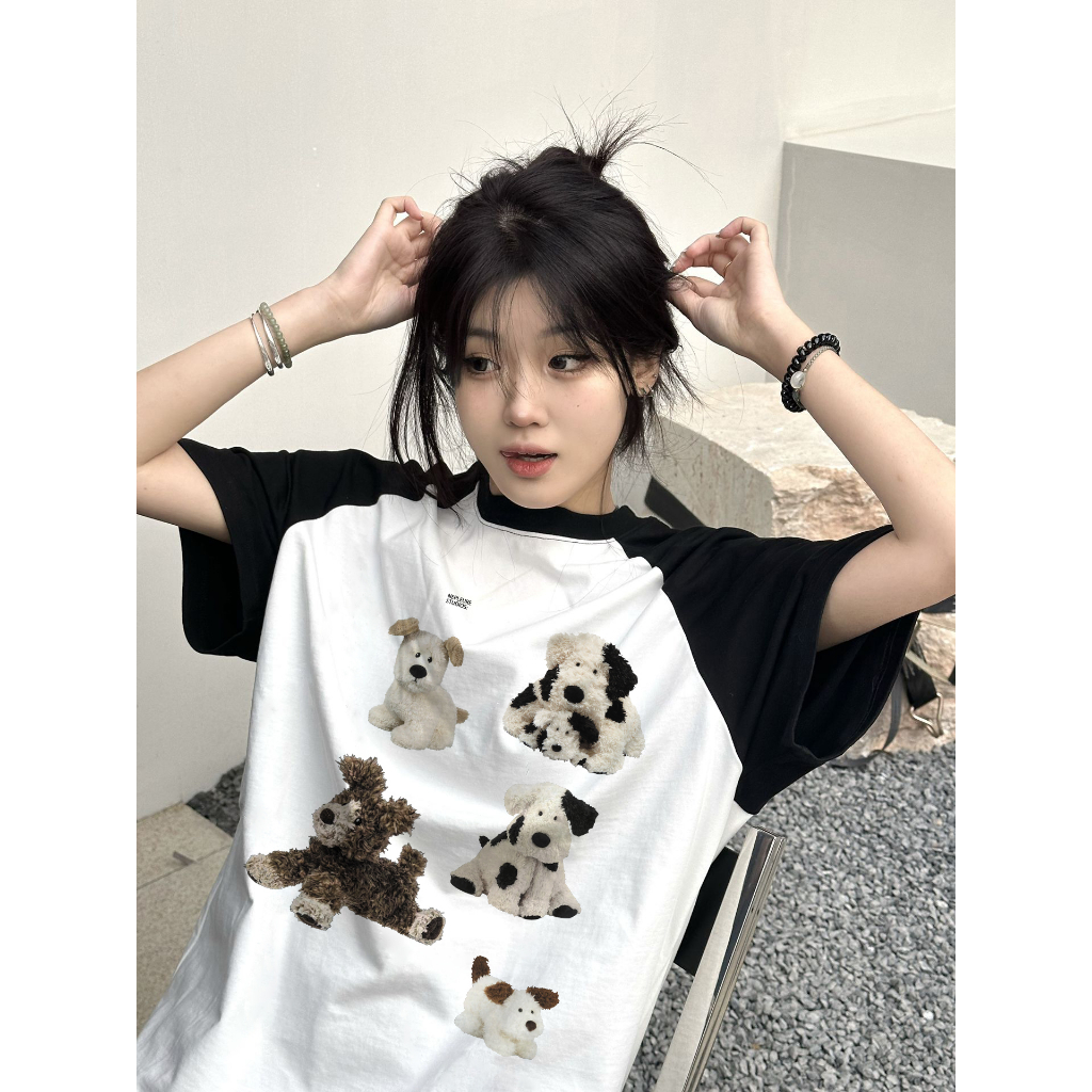 EUNII T-shirt Lengan Pendek Retro Plush Dog Korean Style/Kaos Atasan Wanita/Baju Kaus Oversize Wanita/Kaos Wanita