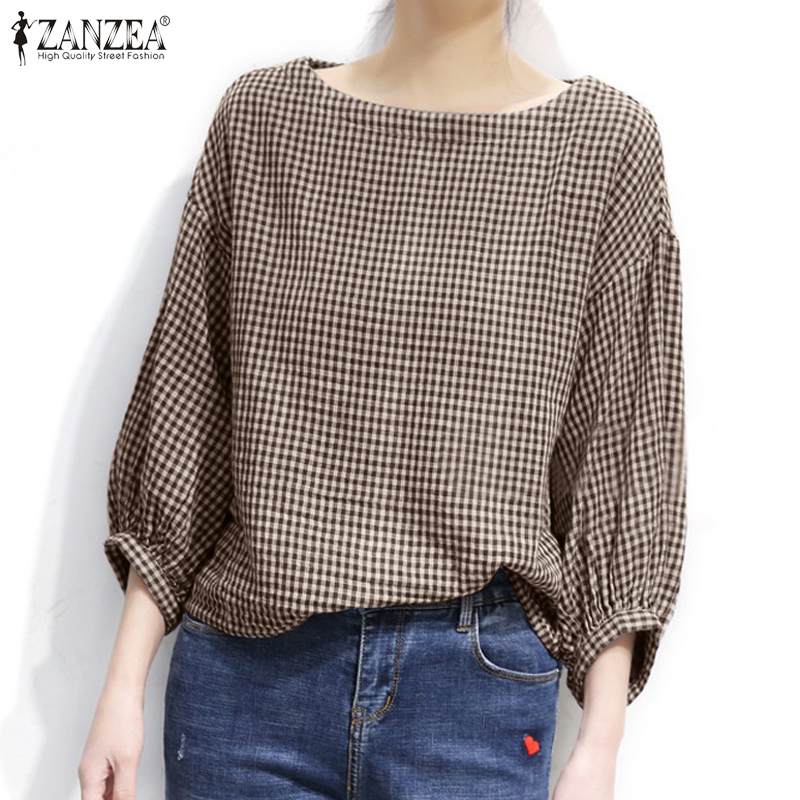 ZANZEA Women O-Neck Three Quarter Sleeve Plaid Printed Casual Loose Blouses