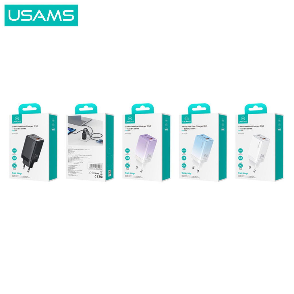 USAMS Sandru Series Adaptor Kepala Fast Charger GaN 65W 3port ACC