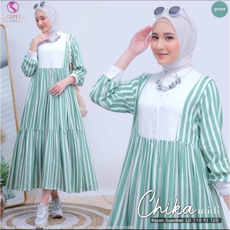 Baju Gamis Maxi Midi Dress Dres Chika Motif Garis Shofiya