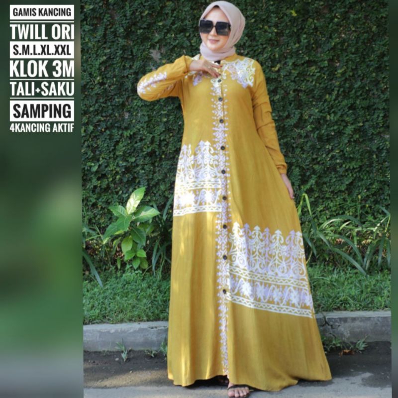 gamis twill kancing motif batik cap model slim cantik