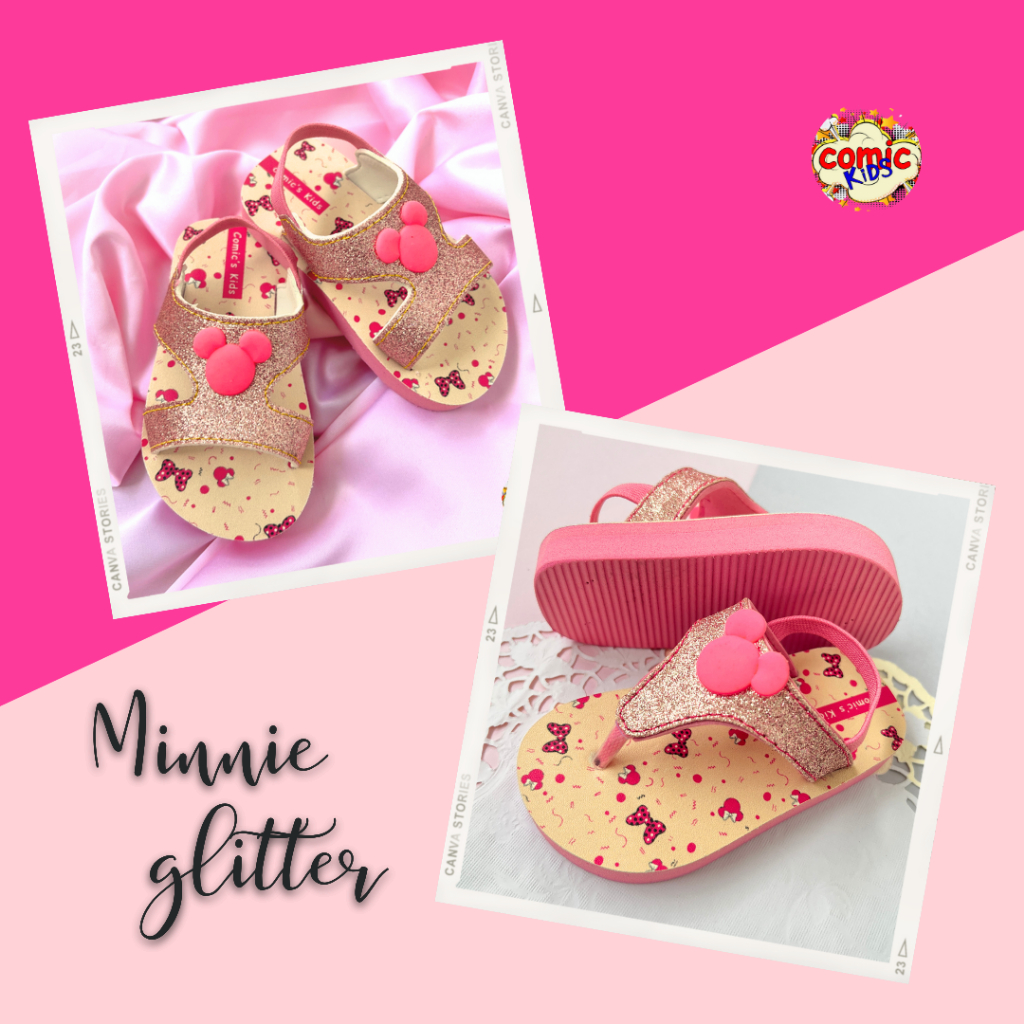 Sandal Jepit Anak Perempuan Comickids Sepatu Sendal Bayi Cewek Selop Slop Baby Girl Flip Flop Pink Slippers Minnie Mouse Glitter