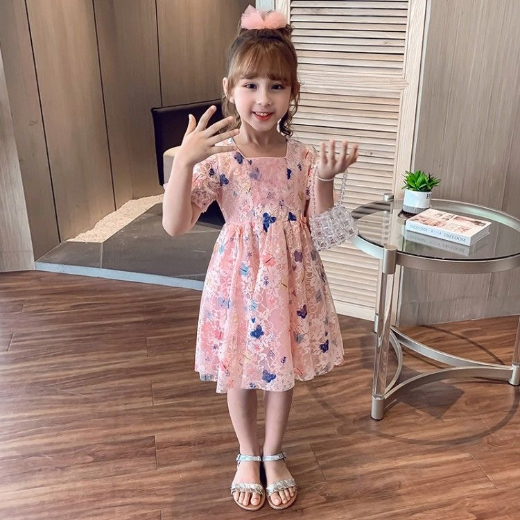 Rok putri bayi 2-5 tahun gaun gadis musim panas baru anak-anak gaya asing rok anak-anak musim panas rok kasa lengan pendek Rok motif kupu-kupu