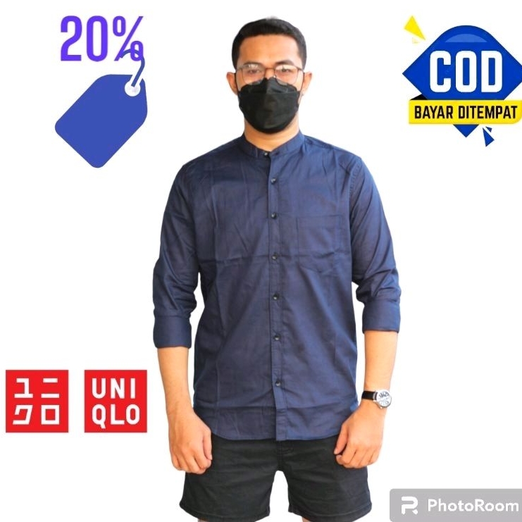Kemeja Panjang Kerah Shanghai | Kemeja Polos Pria Shanghai UNIQLO Soft Twill Katun Kemeja polos leng