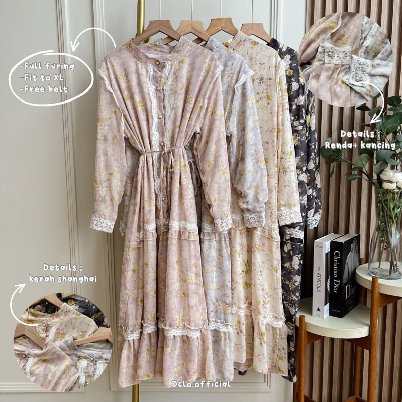 Vindara Midi Dress by Oclo | Tunik wanita motif bunga bahan ceruty chiffon