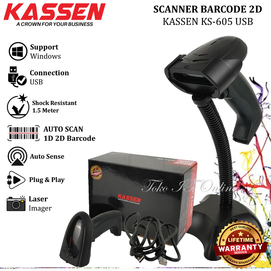 KASSEN KS 605 SCANNER BARCODE 1D 2D USB SCAN QR CODE HANDHELD FAKTUR AUTO SENSE PLUS STAND