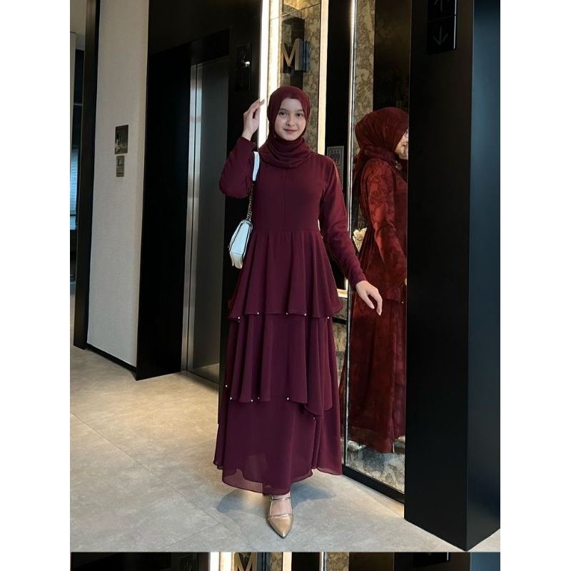 ALMIRA DRESS CERUTY MUTIARA RAMPEL SUSUN FREE PASHMINA OOTD PESTA BRIDESMAID