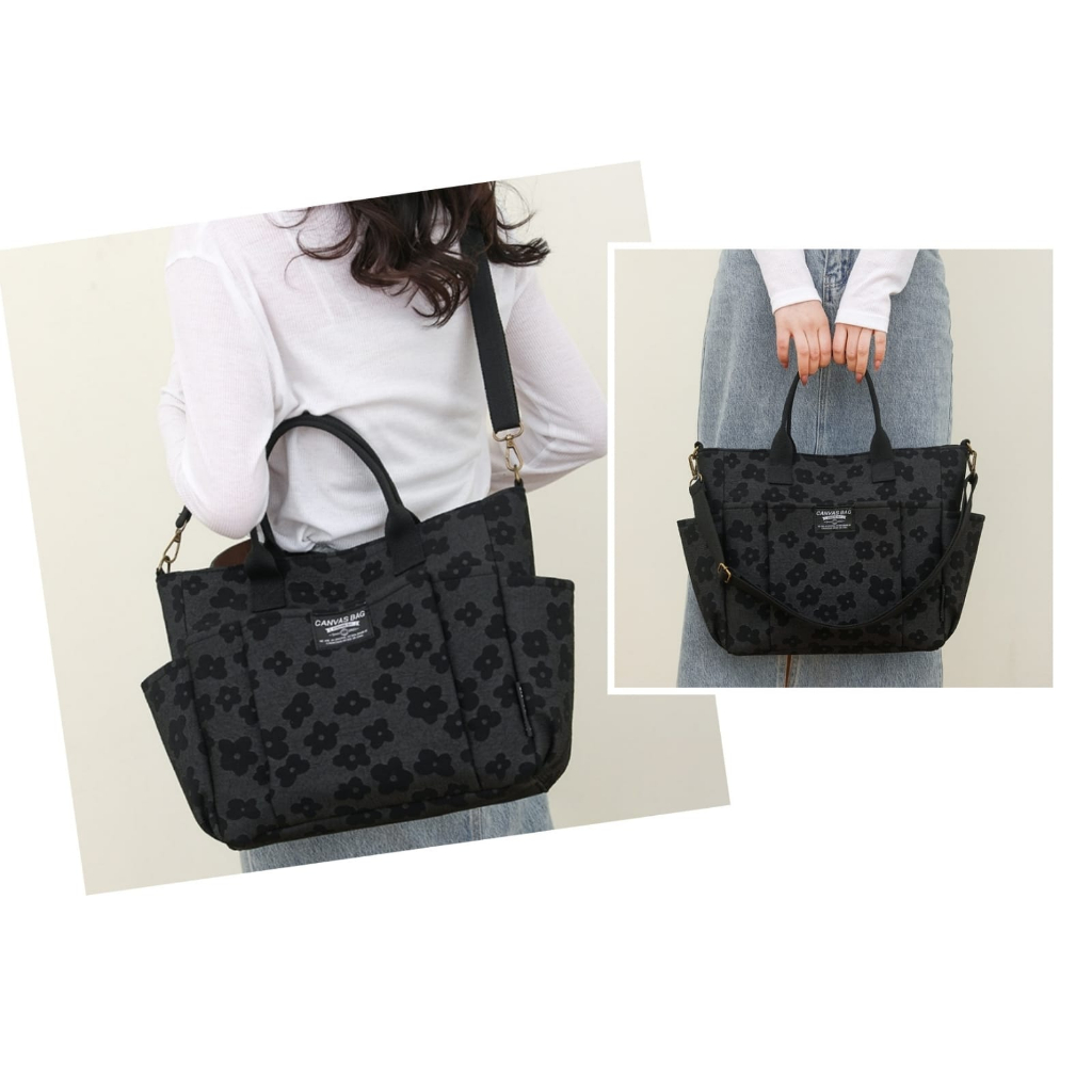 TAS SELEMPANG WANITA KEKINIAN BAG SHOULDER BESAR KANVAS IMPORT QUIBECA MOTIF BUNGA HITAM TA833B5 KULIAH KERJA SLING JINJING CEWEK BRANDED MURAH SIMPLE REMAJA KOREA PREMIUM