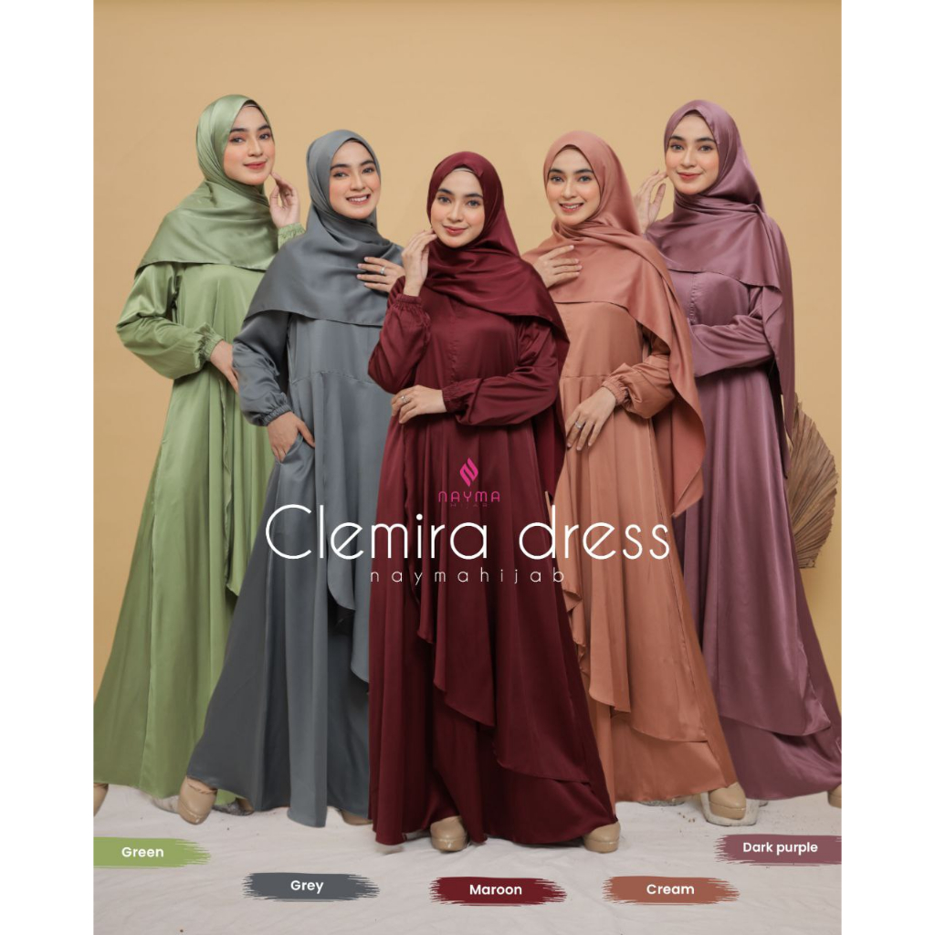Clemira Dress Satin Polos Gamis Silk Armany Premium Tebal Model Terbaru Kekinian Ori Nayma Hijab Gam