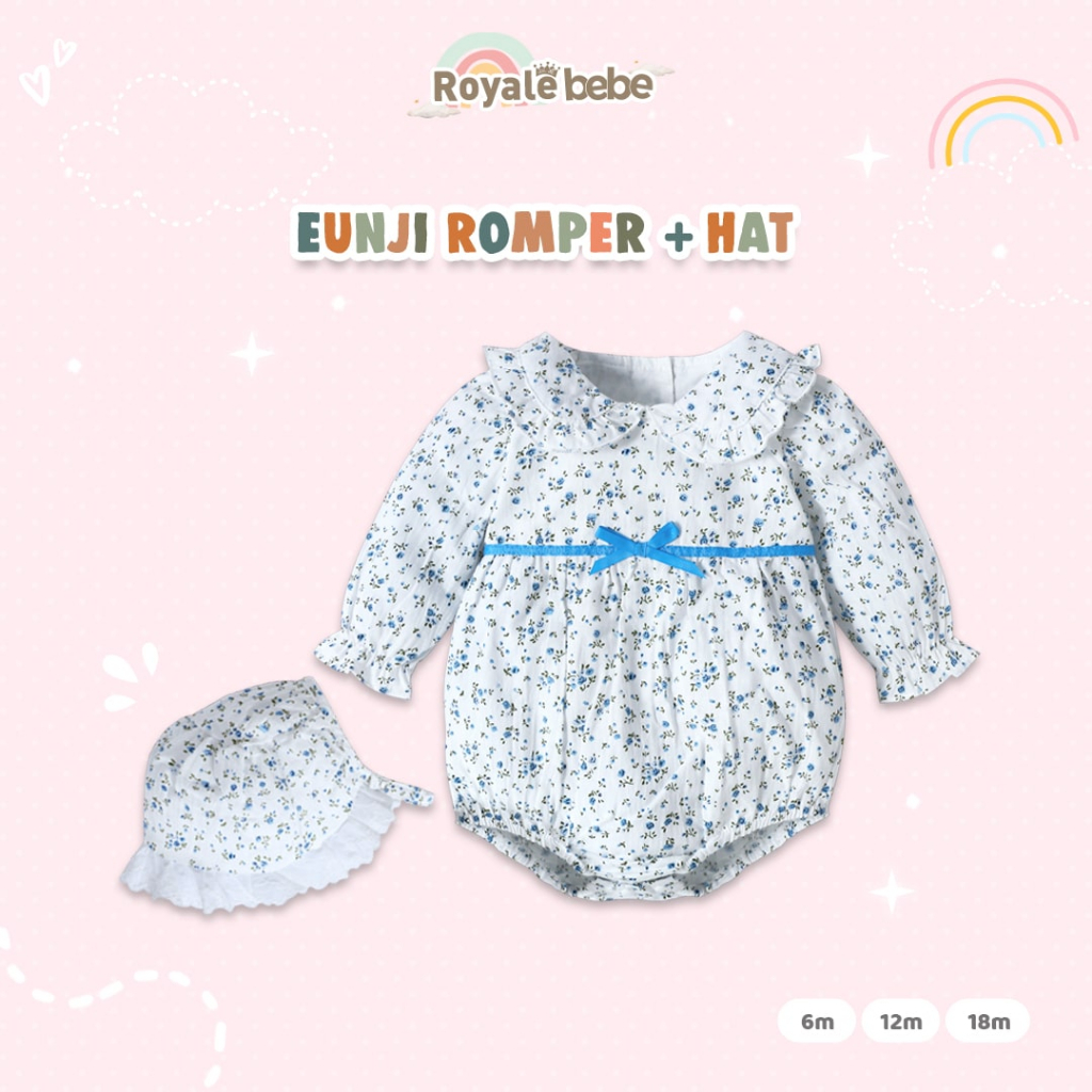 ROYALE BEBE CHIN SUN ROMPER / EUNJI ROMPER / TRICIA ROMPER / HAE SUN ROMPER / HAE RAN ROMPER BAJU ROMPER ANAK BAYI + HEADBAND / TOPI ROMPER ANAK BAYI PEREMPUAN 6-18 BULAN