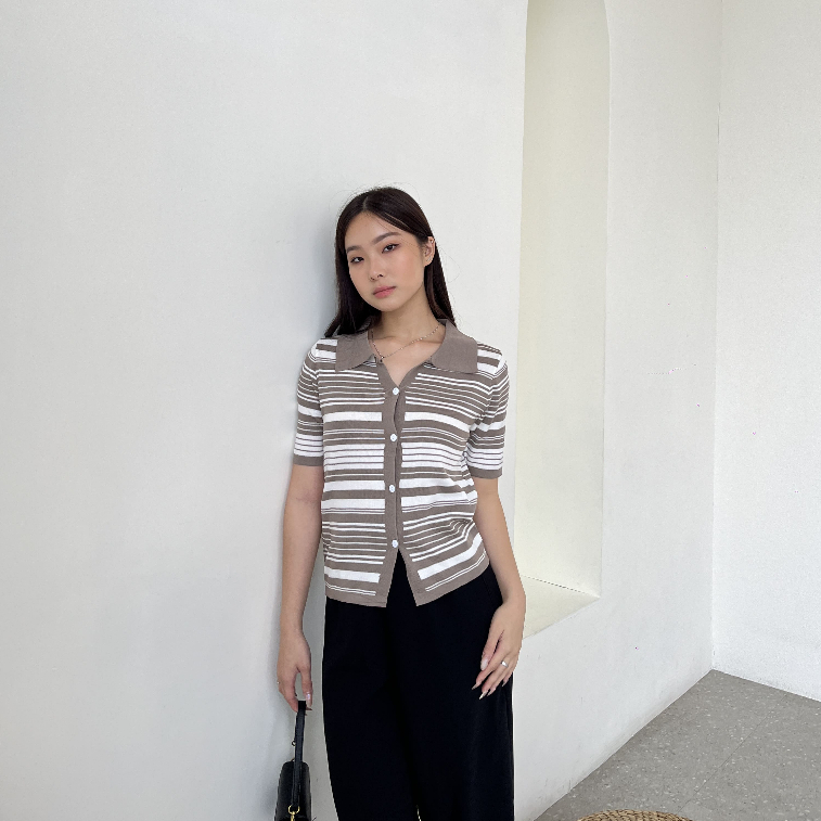 Mirei Stripes Knit Top / Atasan Rajut / Blouse Casual / Polo Top / Korean Style