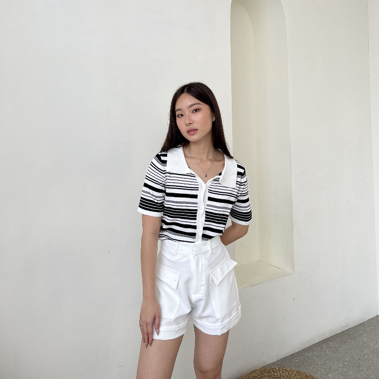 Mirei Stripes Knit Top / Atasan Rajut / Blouse Casual / Polo Top / Korean Style