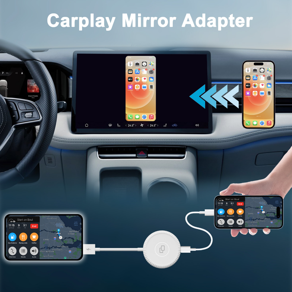 FEINODI iPhone Carplay Mirroring adapter, iPhone Screen Mirroring to Car Monitor, Wired Automotive Factory Carplay untuk semua model iPhone, mendukung Youtube/Facebook/Instagram/Line.