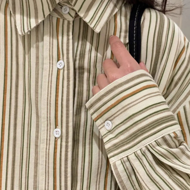 Korean Style Oversize Retro stripe causual baju atasan wanita kekinian premium blouse wanita kemeja wanita lengan panjang