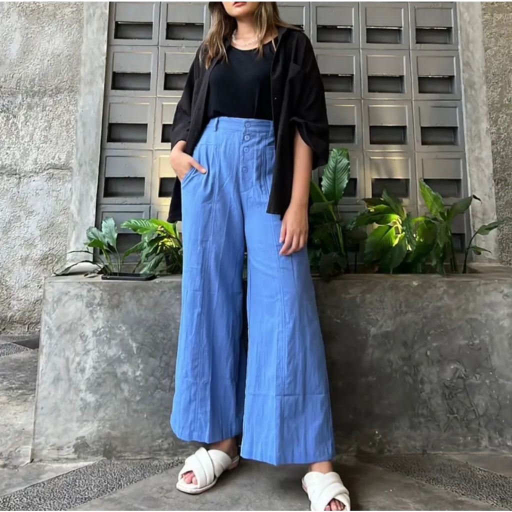 ICH - Valinna Celana Kulot Highwaits Kancing Linen Crinkle Premium