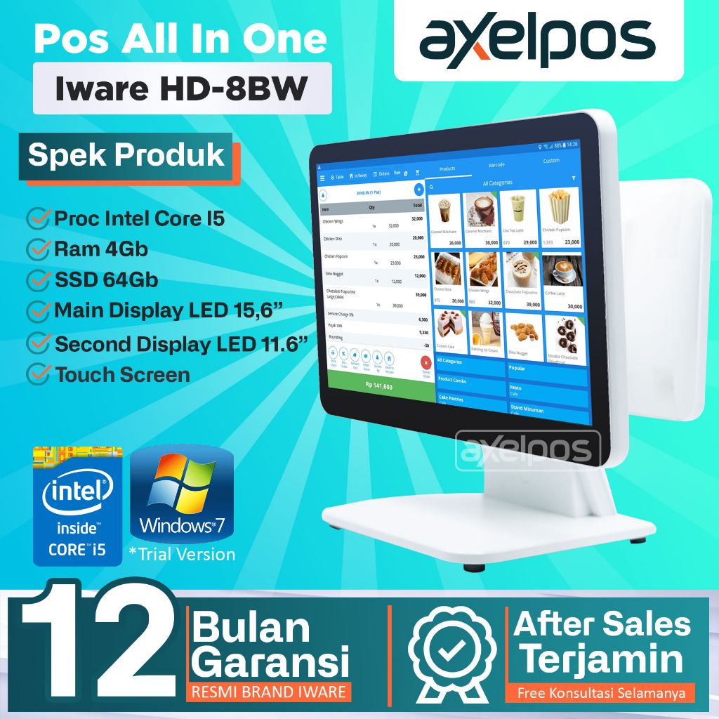 Mesin kasir PC POS All in One Dual Monitor i5 Touchscreen Iware HB-8DW