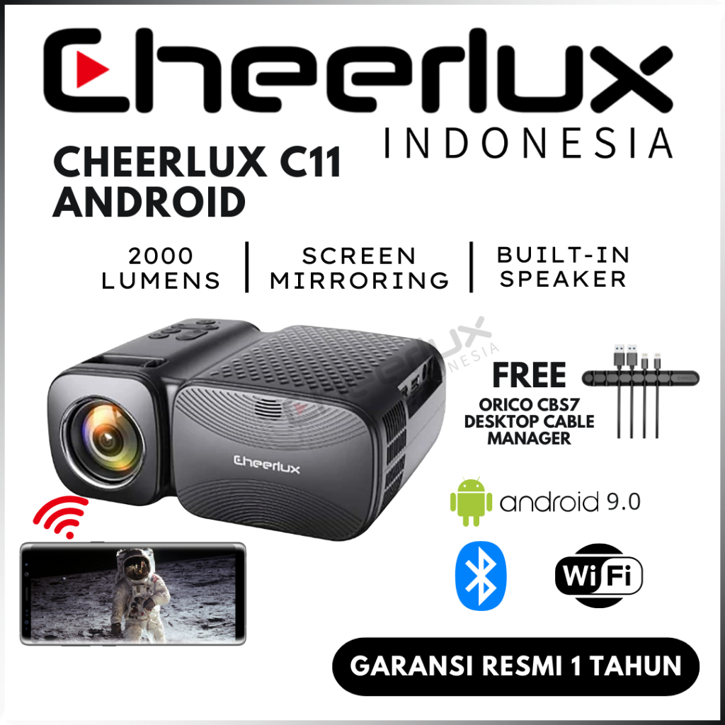 CHEERLUX INDONESIA | C11 ANDROID | C11 WIFI | PROYEKTOR WIFI MINI  BLUETOOTH CHEERLUX C11 WIFI 2000 LUMENS | PROYEKTOR KONEK HP