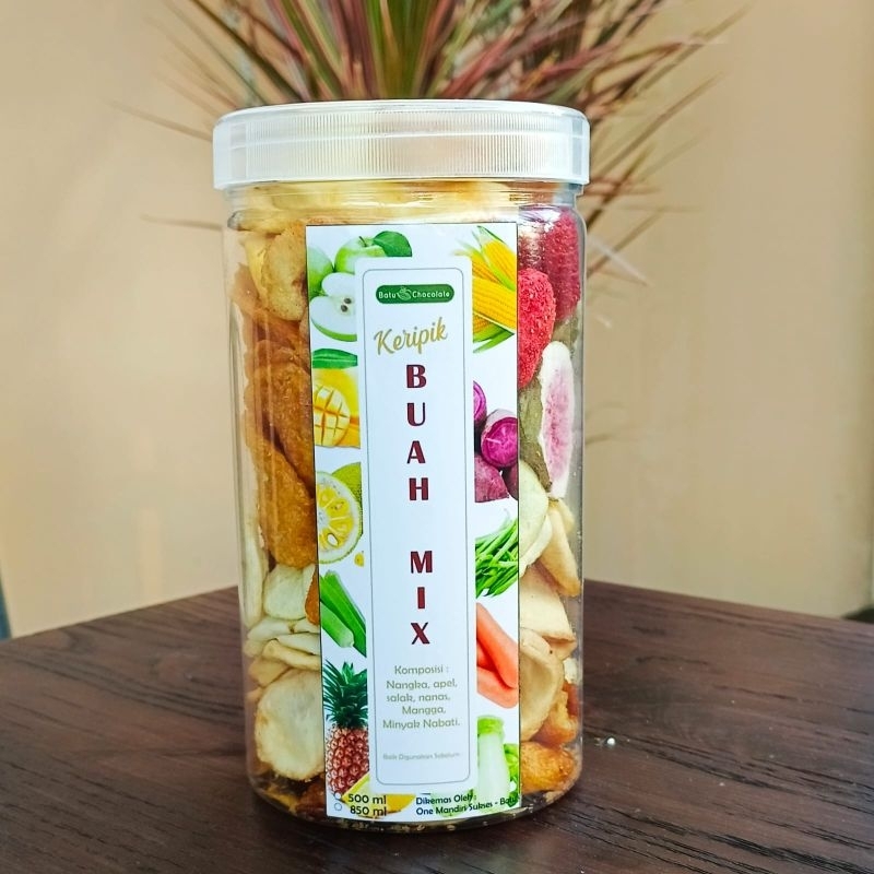 Mix Fruits Chips In Jar Premium - Dengan Buah Tin &amp; Strawberry - Buah mix Buah Tin dan Strawberry Kemasan Toples