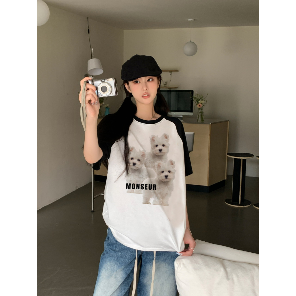 EUNII T-shirt Lengan Pendek Cartoon Dog Family Korean Style/Kaos Atasan Wanita/Baju Kaus Oversize Wanita/Kaos Wanita