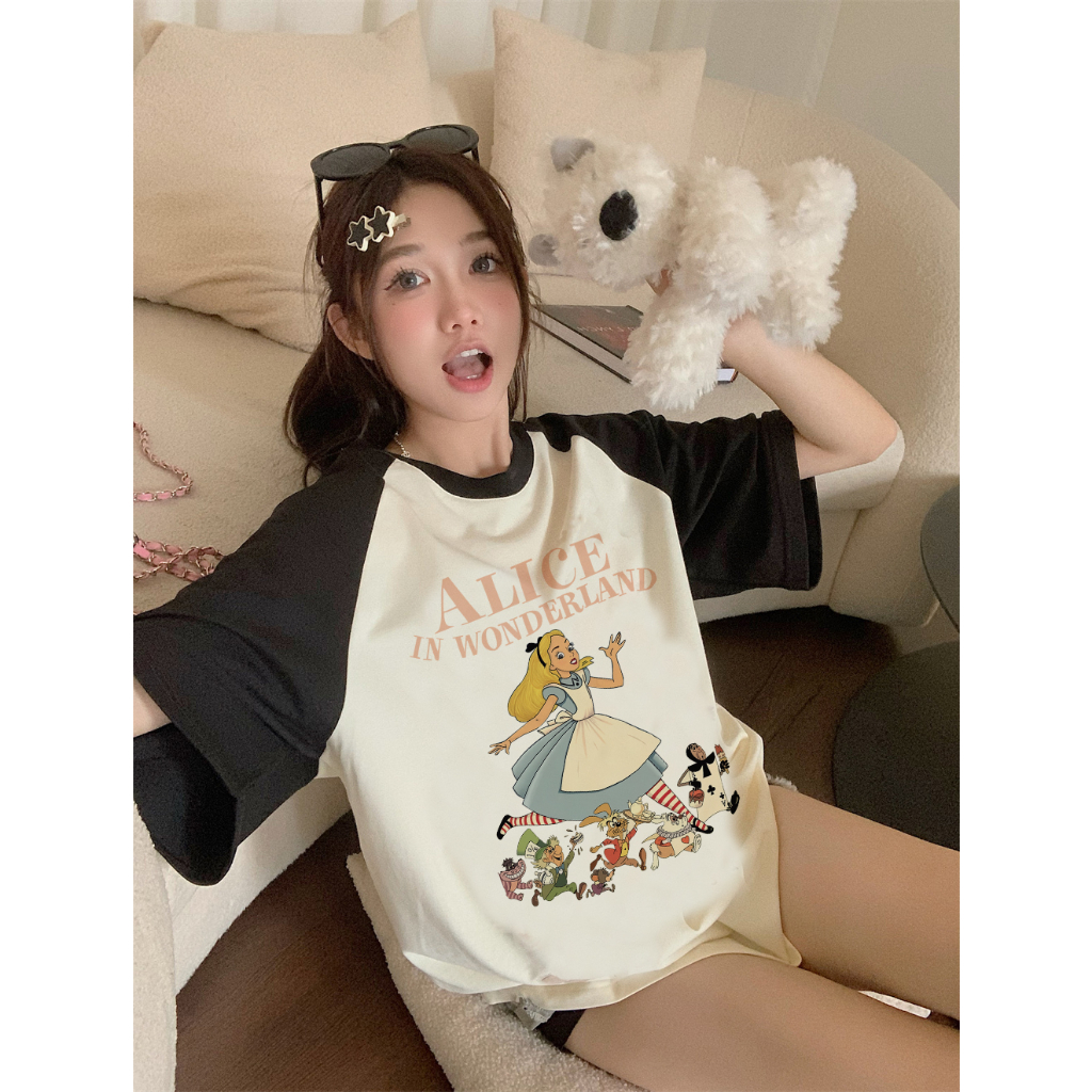 EUNII T-shirt Lengan Pendek Cartoon Disney's Alice Korean Style/Kaos Atasan Wanita/Baju Kaus Oversize Wanita/Kaos Wanita