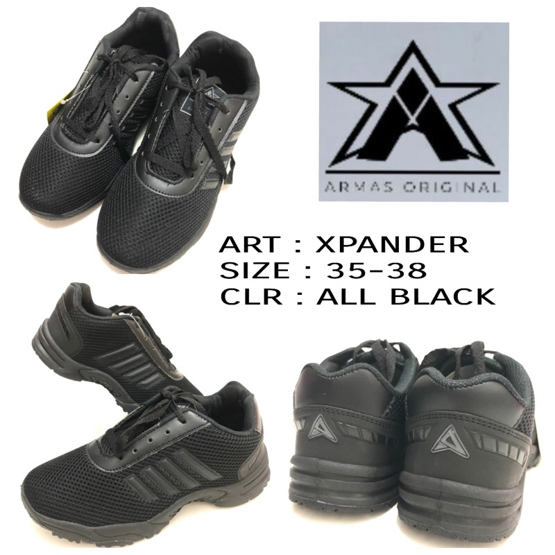 Sepatu Sekolah Anak Unisex Junior Armas Xpander All Black 35-38 Sepatu Tali