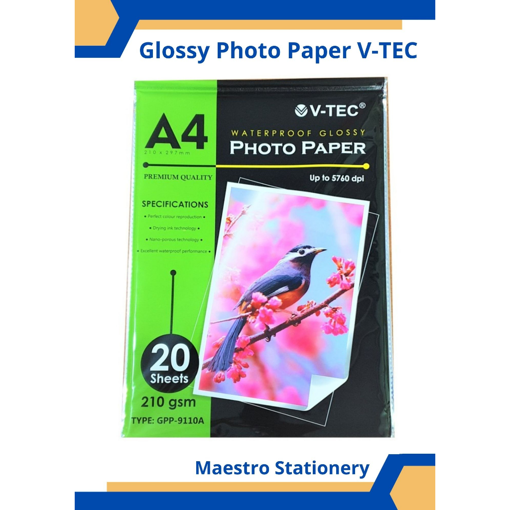 

KERTAS FOTO V-TEC GLOSSY PHOTO PAPER A4 210 GSM GPP-9110A