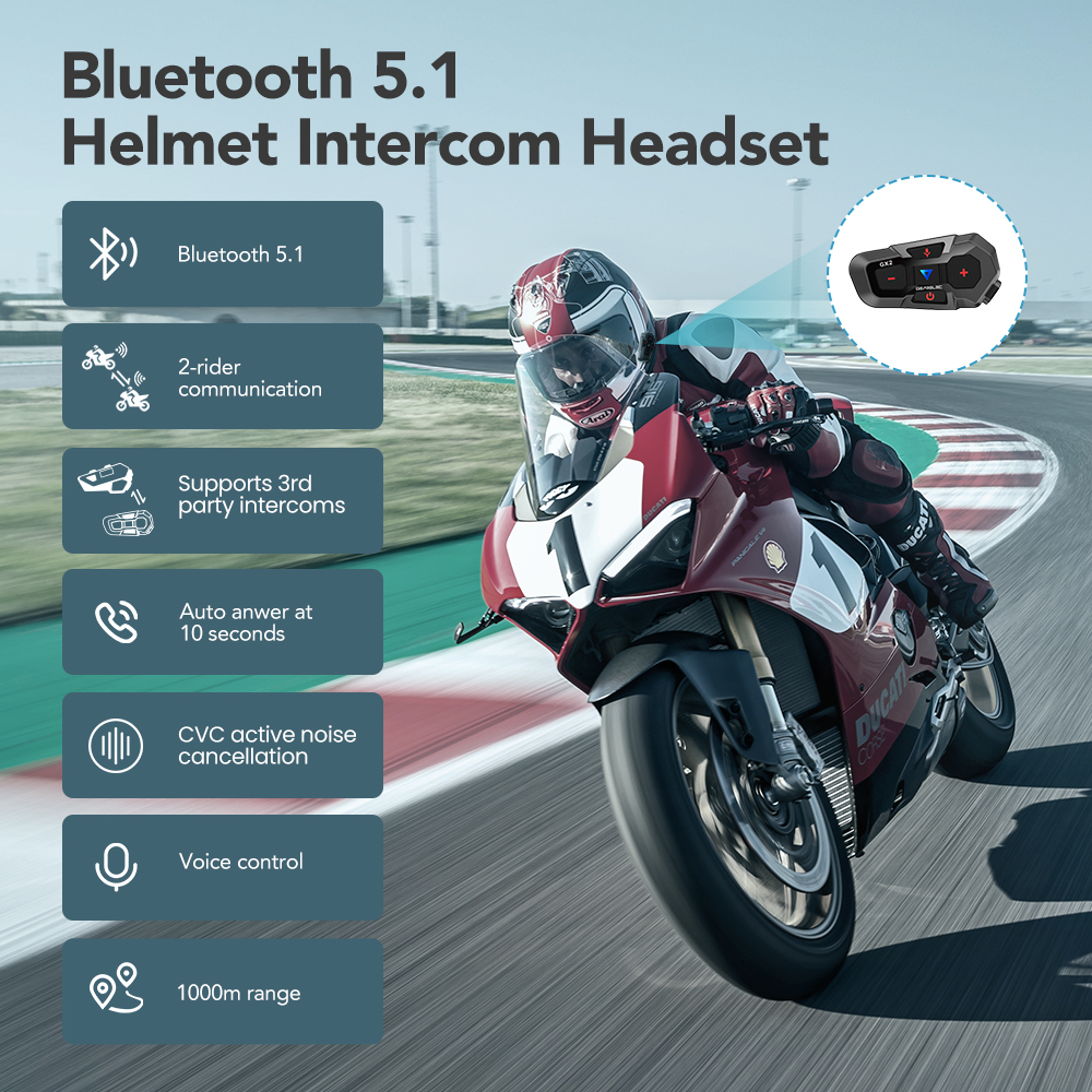 GEARELEC interkom GX2 Helm Sepeda Motor headset Bluetooth 5.1 Sistem Interkom 2 riders 1000m interkom Nirkabel dengan voice command