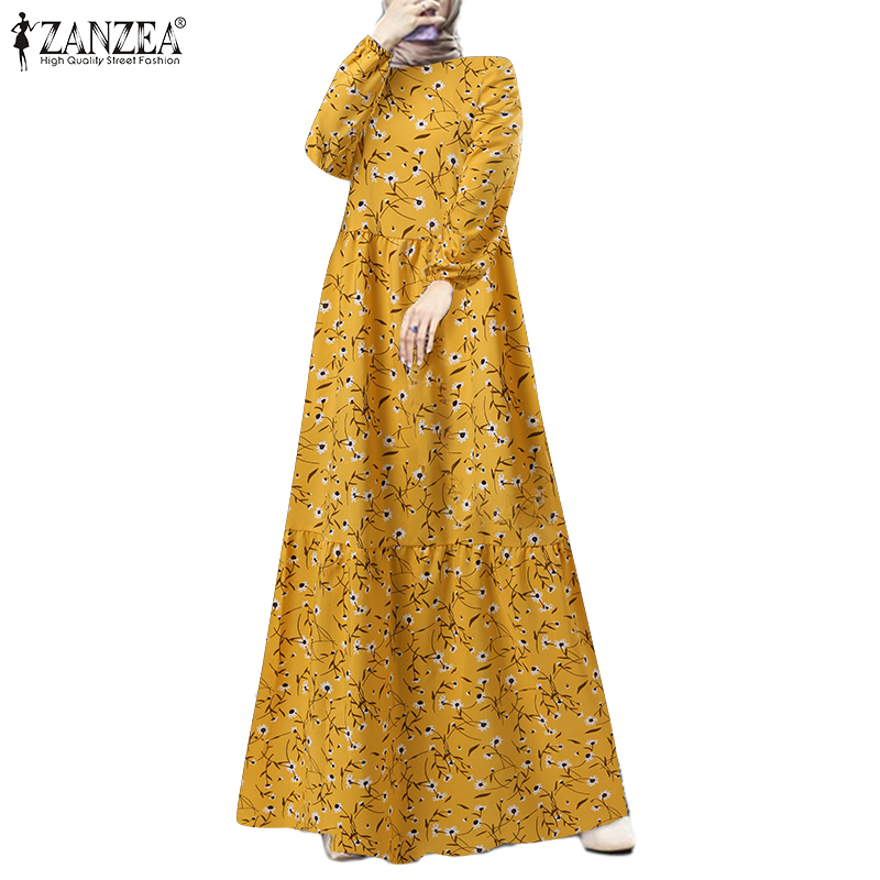 ZANZEA Women Elegant  Fashion Crew Neck Layered  Bohemian Floral Print Maxi Muslim  Sundress