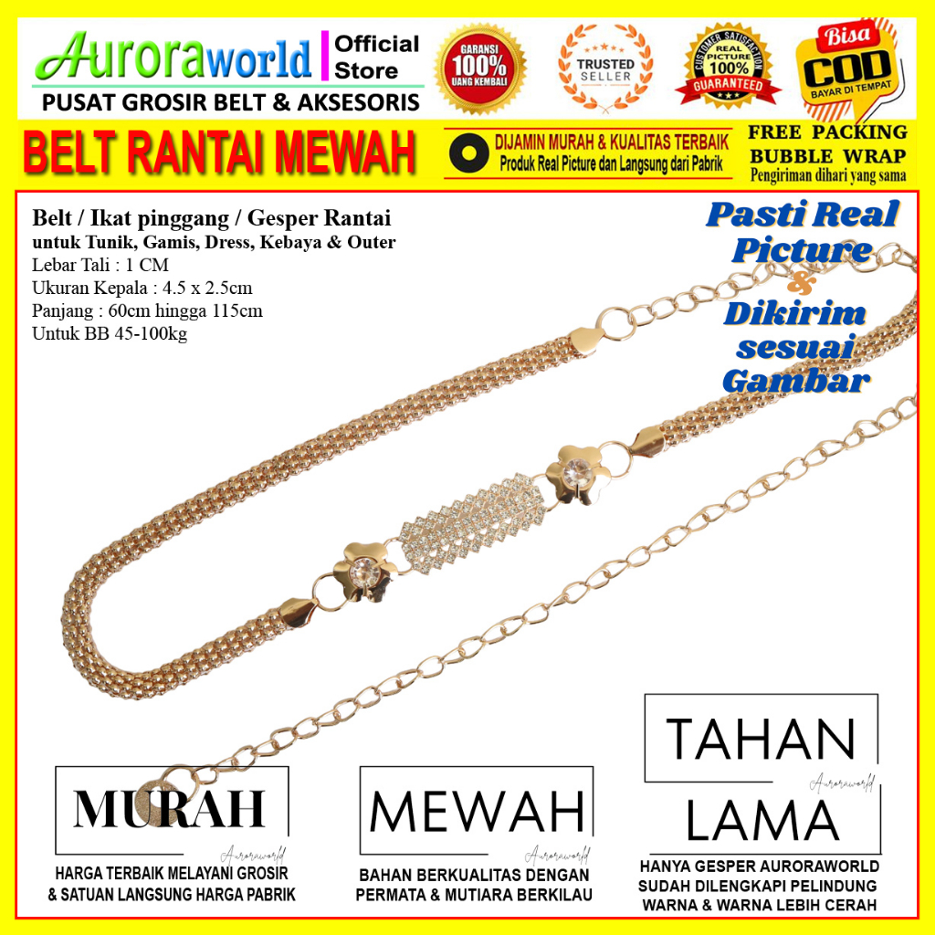 Auroraworld belt rantai sabuk rantai ikat pinggang untuk gamis, dress, tunik